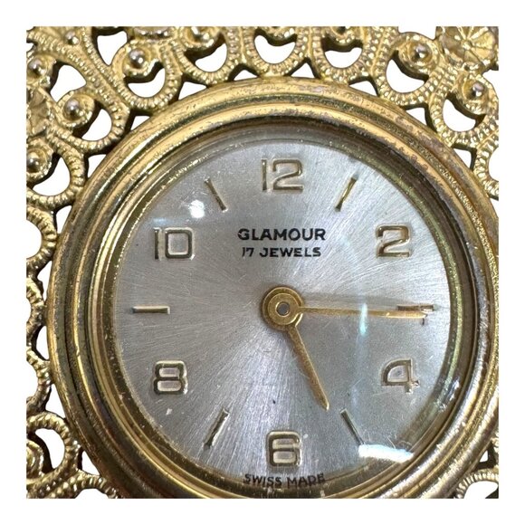 Vtg Glamour 17 Jewels Swiss Made Gold Tone Filigree Pendant Watch NEEDS BATTERY - Picture 2 of 6